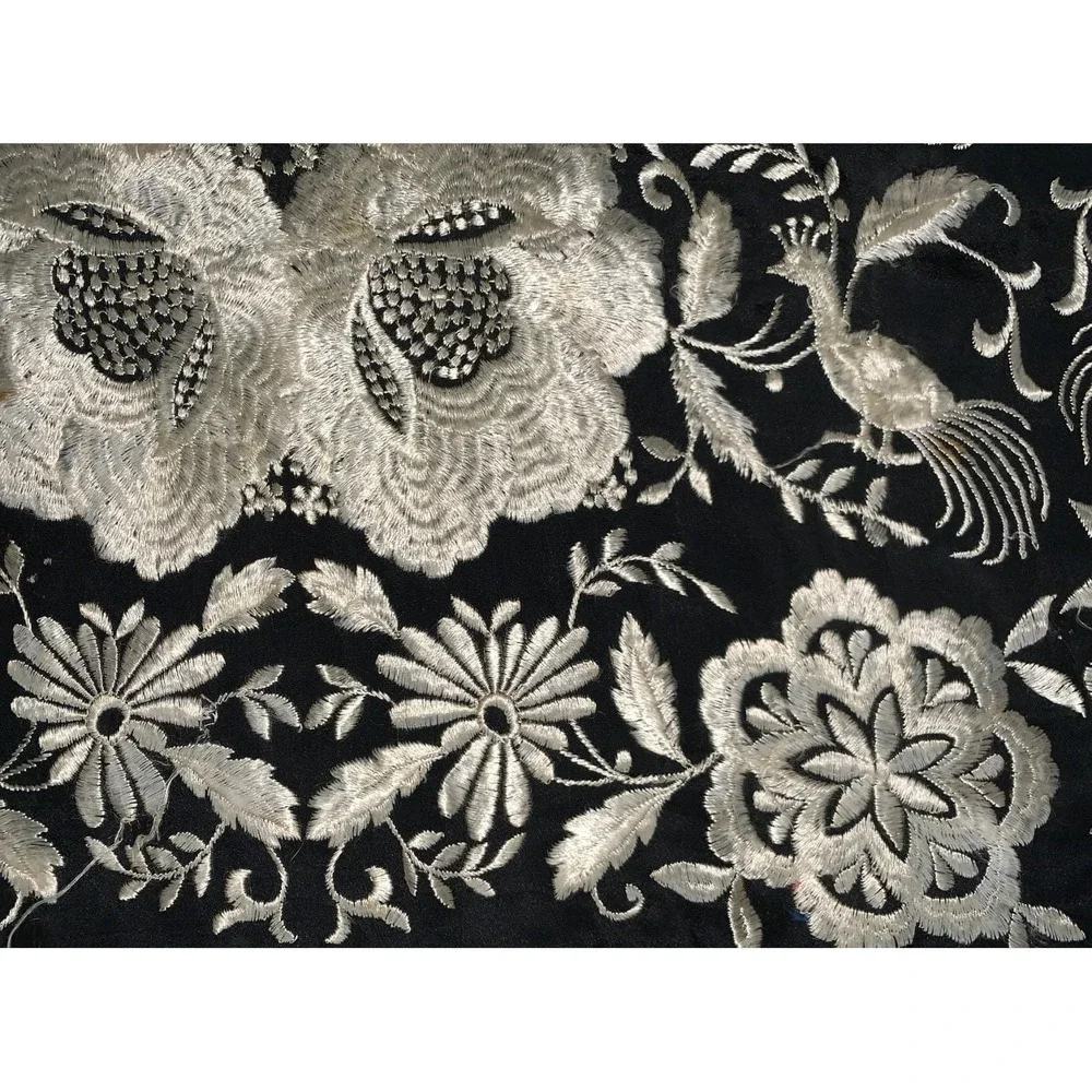 Antique Black Ivory Silk Floral w Peacocks Embroidered Manila Fashion Shawl READ
